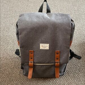 Gray Canvas Backpack with Brown Trim